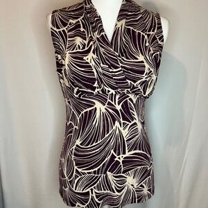 JKLA California Plum Cream Abstract Leaf Print Surplice Sleeveless Top Medium